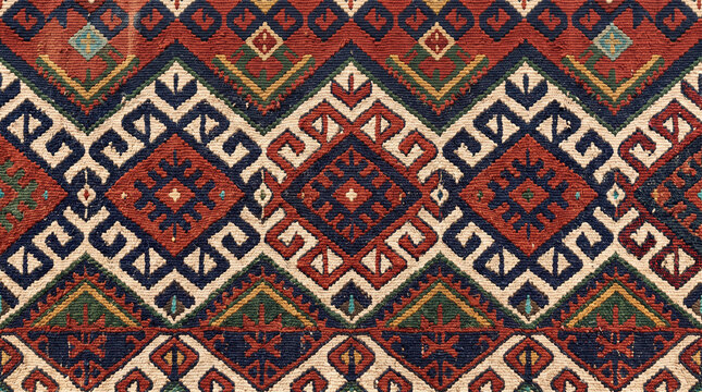 Rich woven textile pattern featuring geometric diamond motifs in deep red blue brown and cream tones on a textured fabric background