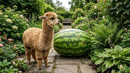 Fototapeta premium Alpaca Standing Beside Giant Watermelon in Lush Garden