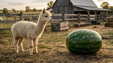 Fototapeta premium Curious Alpaca Looking at a Giant Watermelon on a Farm
