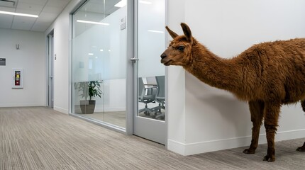 Fototapeta premium Curious Alpaca Exploring a Modern Office Corridor