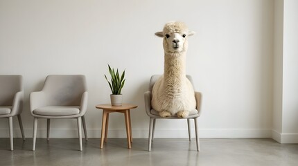 Fototapeta premium Alpaca Sitting in a Minimalist Waiting Room