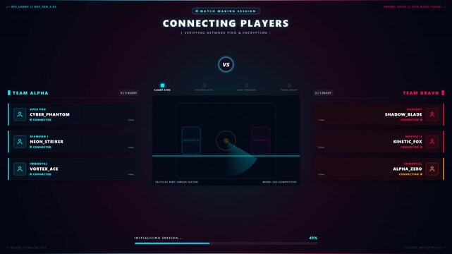 Futuristic gaming interface loading screen with glowing blue neon elements and team matchmaking roster display for digital esports content creation