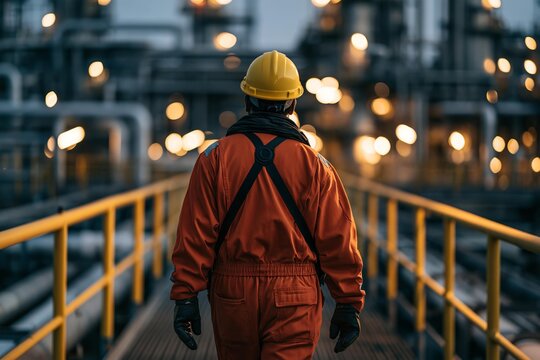 Industrial worker in yellow hard hat and orange jumpsuit walking through a refinery