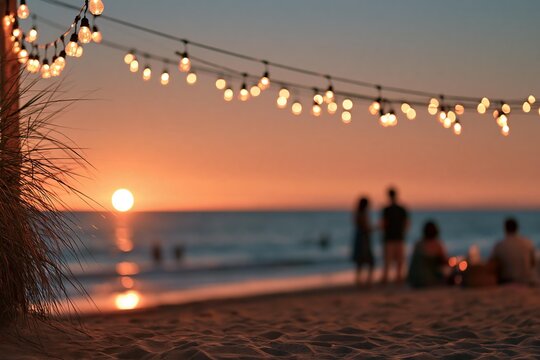 People gathered on beach at sunset under glowing string lights with ocean horizon