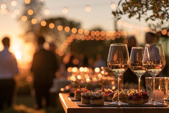 Evening outdoor party with wine glasses and appetizers on wooden table at sunset