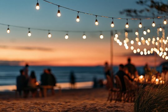 People gathered at a beach dinner party under string lights during sunset