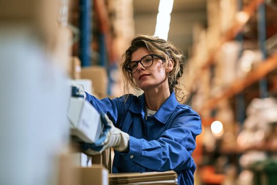 Female warehouse worker wearing blue uniform and glasses inspecting packages on shelves