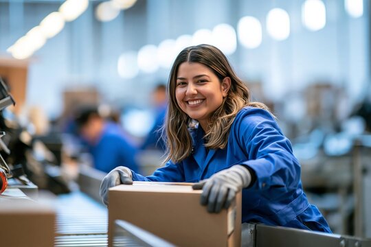 Female warehouse worker sorting cardboard boxes on conveyor belt in fulfillment center