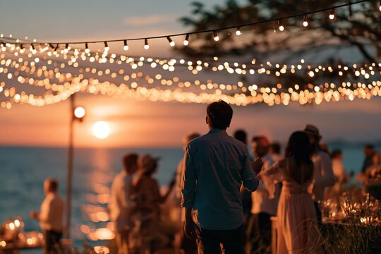 People gathered at a beach resort party during golden hour sunset under glowing fairy lights