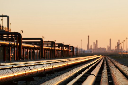Industrial oil and gas pipelines at sunset with factory skyline in background