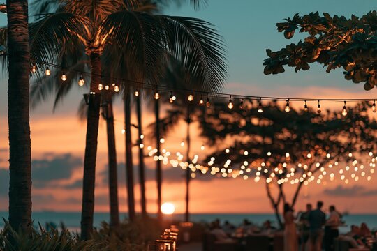 Tropical beach resort with glowing string lights strung between palm trees at sunset