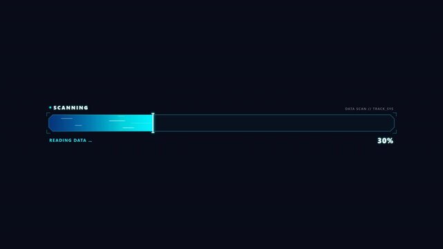 Digital blue loading progress bar animation with data scanning interface elements for futuristic software system status and technical user monitoring