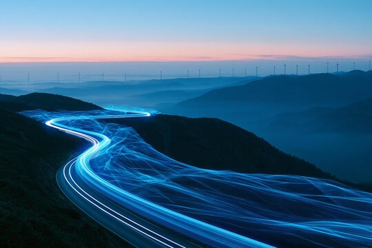 Winding mountain highway with glowing blue light trails cutting through dark hills at dawn