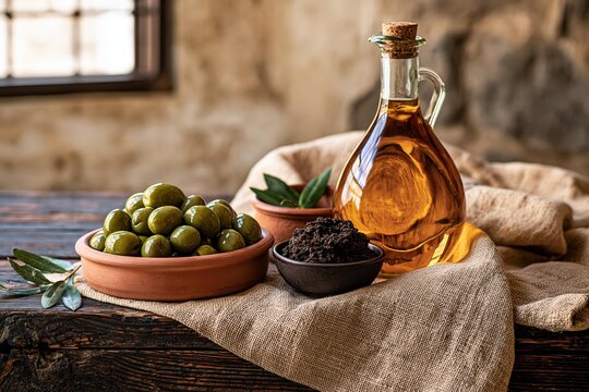 Green olives in terracotta bowl with olive oil bottle and paste on rustic table