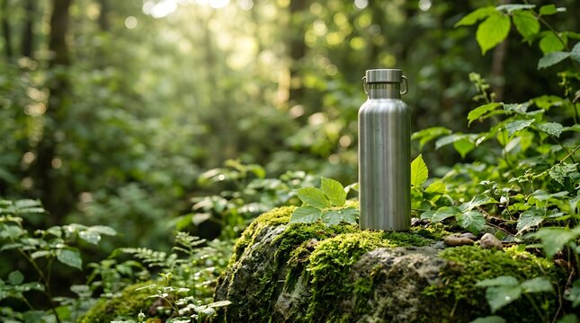 Silver stainless steel water bottle placed on a moss-covered rock in a lush, sun-dappled green forest.