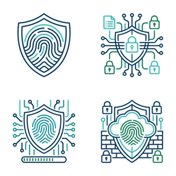 Cyber security and data protection icons set with fingerprint and shield line art symbols.
