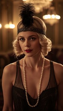 A woman dressed in 1920s flapper style with a feathered headband, pearl necklace, and vintage hairstyle, set against a softly lit, elegant background.