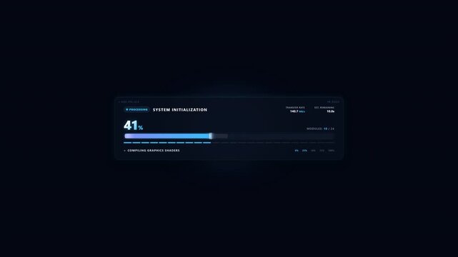 Futuristic digital system loading screen animation with blue glowing progress bar and graphic shader compiling text for software user interface