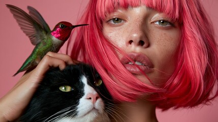 Fototapeta premium woman with pink ombre hair, cat and hummingbird
