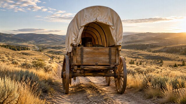 Covered Wagon on Dirt Trail Through Golden Hills at Sunset Pioneer Landscape