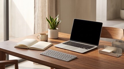 Fototapeta premium A modern and organized home office workspace featuring a laptop, keyboard, notebook, and a potted plant on a wooden desk.