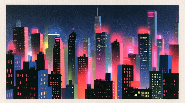 dreamy neon cityscape in vibrant risograph print