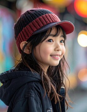 A young girl wearing a striped knit hat and dark jacket smiles softly with a colorful, blurred background of lights behind her.