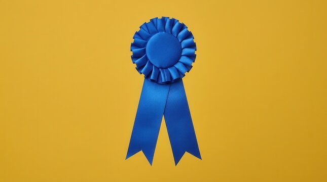 Blue Rosette Award Ribbon On A Vibrant Yellow Background Isolated