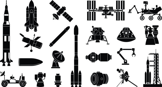 WebSpace Exploration Silhouettes Featuring Rockets, Satellites, Space Stations, Rovers, and Astronaut Equipment