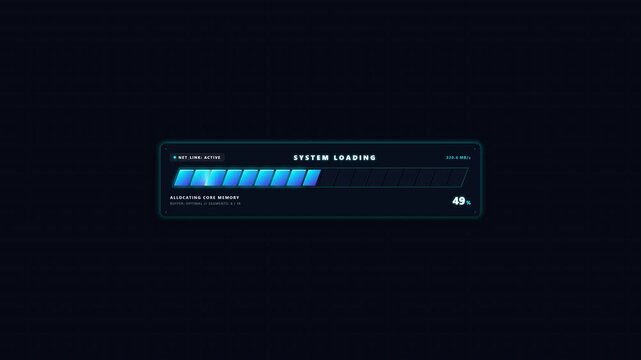 Futuristic digital system loading bar animation with neon blue segments and technical interface data indicators for gaming and technology projects
