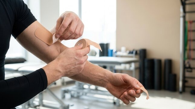 Athletic Trainer Applying Kinesiology Tape to Athlete's Arm for Support and Injury Prevention in a Modern Clinic Setting.