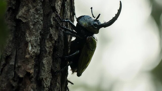 macro of a rhinoceros beetle gripping tree bark