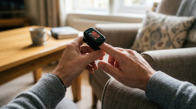 Close-up of a person's hand using a pulse oximeter at home, monitoring oxygen levels and heart rate