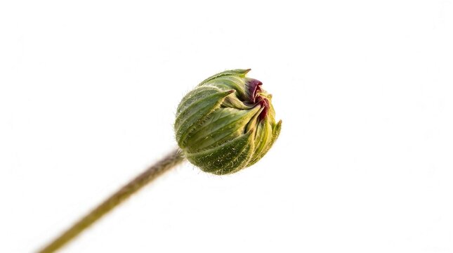 Closed green flower bud on stem isolated against a white background
