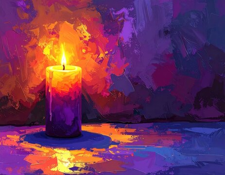 Colorful candle illustration with vibrant background and glowing flame.