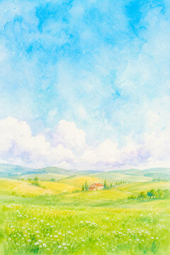 Panoramic watercolor landscape of green rolling hills and a cozy house under a blue sky.