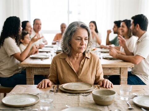 A thoughtful and lonely mature woman feeling isolated at the dining table during a lively family dinner gathering at home