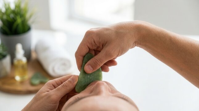 Close-up of a person receiving a facial massage with a green jade gua sha tool, promoting skincare and wellness.