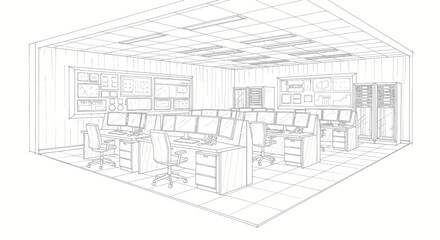 Fototapeta premium Elegant Monochrome Sketch of Modern Control Room with Computer Workstations and Server Racks with high quality professional line art symbols for modern creative design and digital branding projects