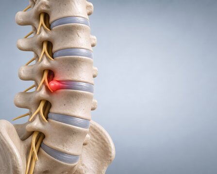 3D illustration of human spine anatomy with a red highlighted point on a herniated disc, representing back pain and spinal disc condition.
