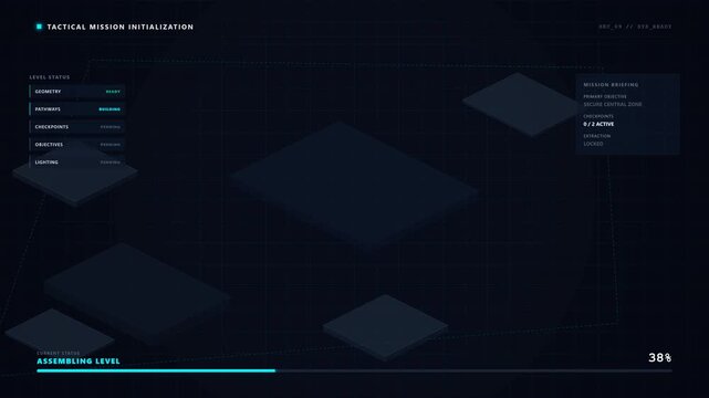 Tactical digital mission initialization screen featuring a futuristic isometric grid interface with loading progress bar for gaming or software design