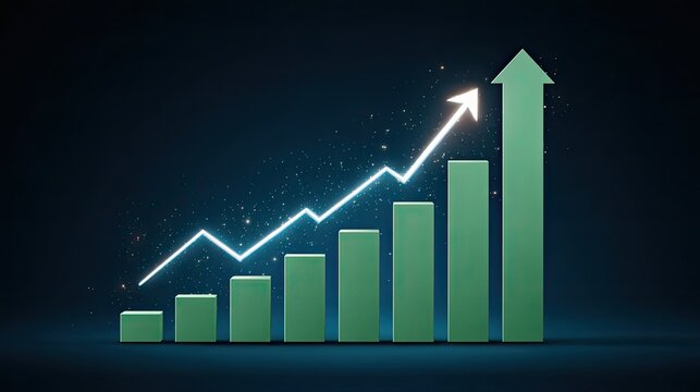 3D blue growing bar chart with upward arrow on dark background, business finance growth, performance improvement and rising market profit concept
