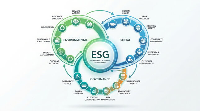 ESG environmental social and governance business concept diagram with interconnected circular icons