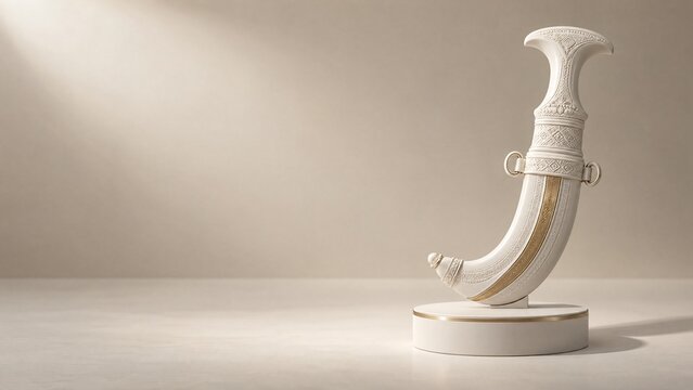 White Omani Khanjar curved dagger with detailed sheath and gold accents on pedestal