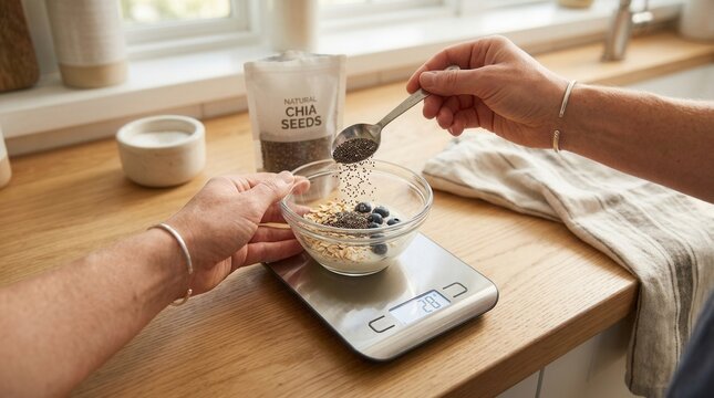 Close-up of hands adding chia seeds to a bowl of yogurt with blueberries and oats on a digital kitchen scale, promoting healthy eating and precise portion control.