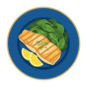 Grilled fish fillet with lemon and greens on blue plate