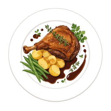 Roasted lamb leg with potatoes and green beans on white plate