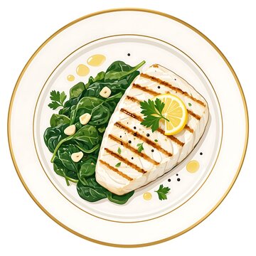 Grilled fish with lemon and salad on plate