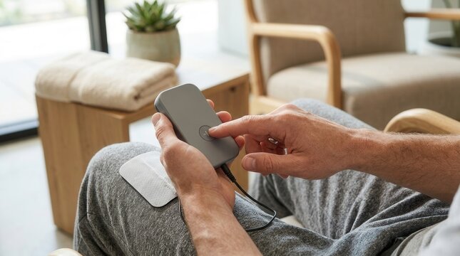 Close-up of man using TENS unit on leg while relaxing in a modern chair, indoor setting