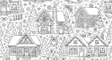 Fototapeta premium Cute Christmas Houses Seamless Pattern Adult Coloring Book Doodle Vector